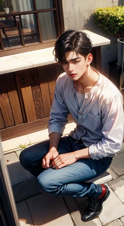 A boy standing and fixing his hair