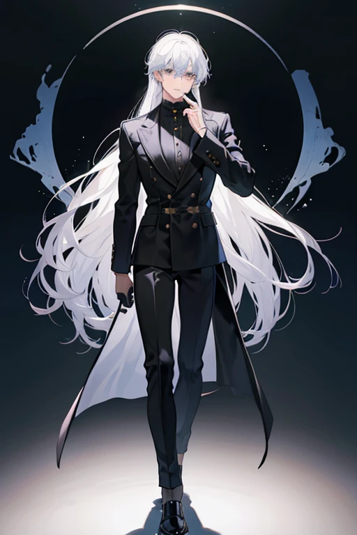 One young man,Standing of the whole body,White head hair,The long-haired,black suits,Black leather shoes,knifes,Manteau