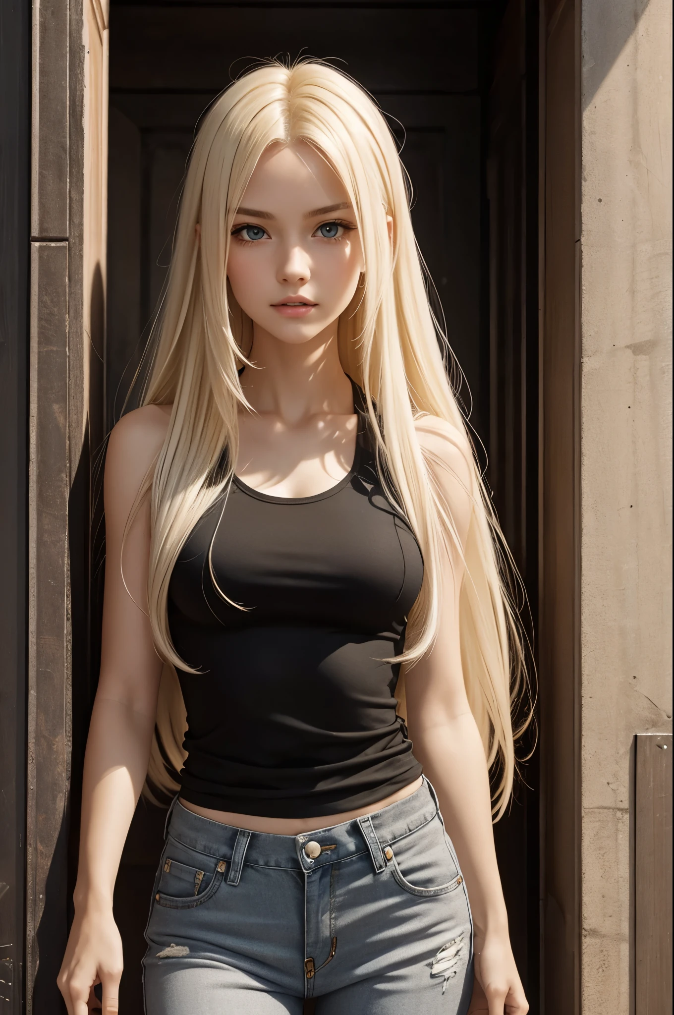 blond haired woman with long white hair and black top, perfect white haired girl, blonde anime girl with long hair, long blonde hair and large eyes, petite girl, small boobs, small breast, very small bust, small tits, tiny breast, skinny girl, slim body, innocent face, agelical face, blonde long hair, 20 years old, super ultra high quality, 8k, 16k, extremely detailed face, extremely detailed eyes, extremely detailed teeth, wearing a light gray tank top, the matrix style, denim pants, tactical holster under the arm, holding big revolver