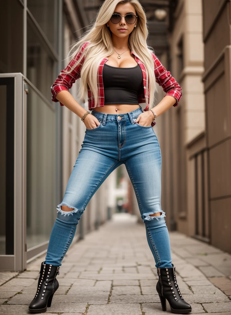 80s european woman metal singer, cabelo preto, sunglasses, peito grande, dark jeans, rivets, trousers, cinto, com arma grande. corpo completo.