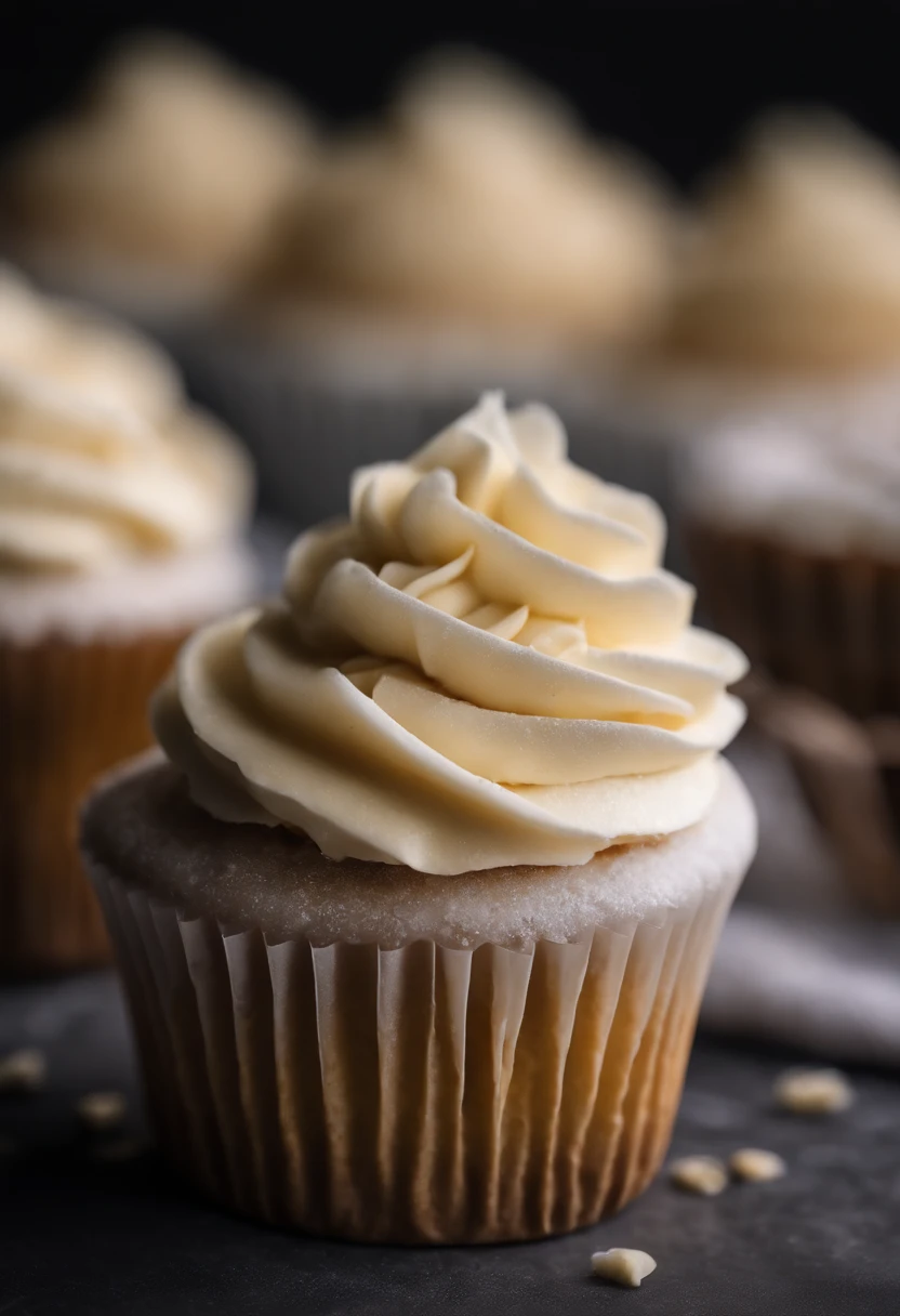 Capture a detail shot of a perfectly frosted cupcake, showcasing the intricate piping work and decorative elements that make it a visually appealing and sweet snack