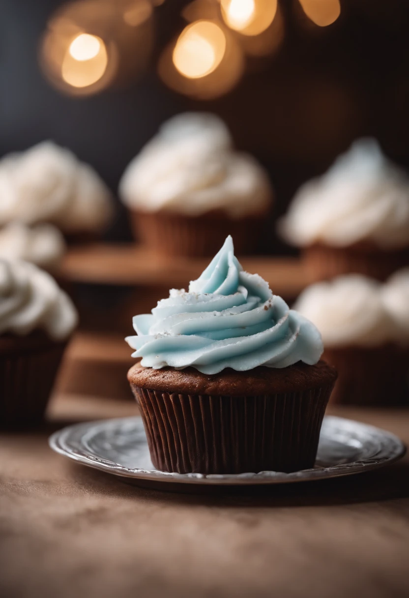 Capture a detail shot of a perfectly frosted cupcake, showcasing the intricate piping work and decorative elements that make it a visually appealing and sweet snack