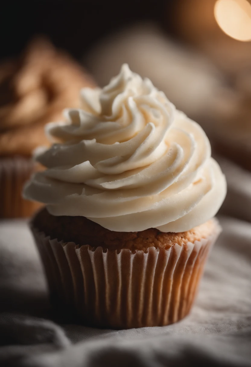 Capture a detail shot of a perfectly frosted cupcake, showcasing the intricate piping work and decorative elements that make it a visually appealing and sweet snack