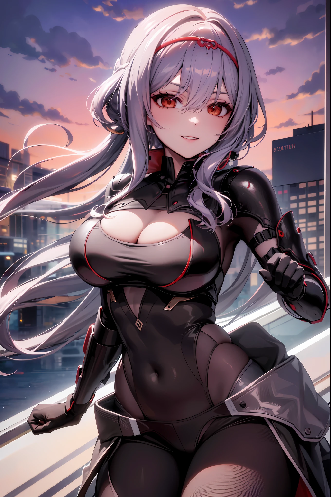 (masterpiece), best quality, intricate details, ultra details, ultra quality, rule of third, (looking at viewer), detailed face, detailed iris, glossy lips, 1girl, solo, long hair, scarletx, scarletg, bodysuit, headpiece, cityscape, backlighting, night sky, shot from above, focus on face, smirk, cleched teeth, red eyes, looking to viewer, focus on face, (shot from above), woman, sexy woman, seductive smile,