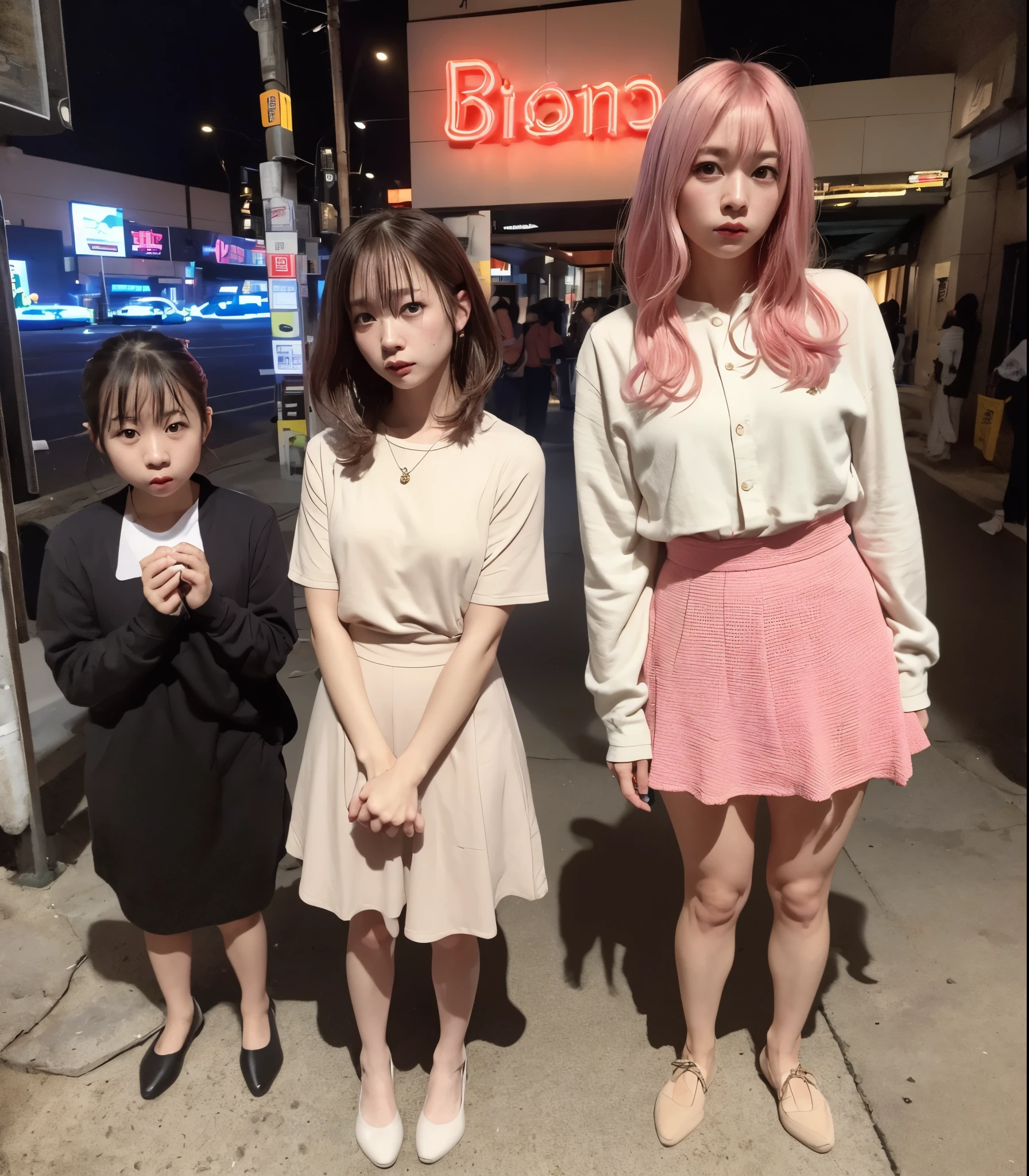 top-quality、masterpiece、超A high resolution、(Photorealsitic:1.4)、Raw foto、fullllbody、A Japanese Lady、Pink hair、bob cuts、Five fingers、small legs、1girl in、beige color pantyhose、a red skirt、pumps、Real human skin、wetting hair、a wet body、water drop on the skin、Directed by Shane McMellen、Neon-lit pop art style、Photo taken with Ektachrome、distorted portraiture、Surreal sculpture、Gothic dark and moody tones、Softbox lighting、instax film