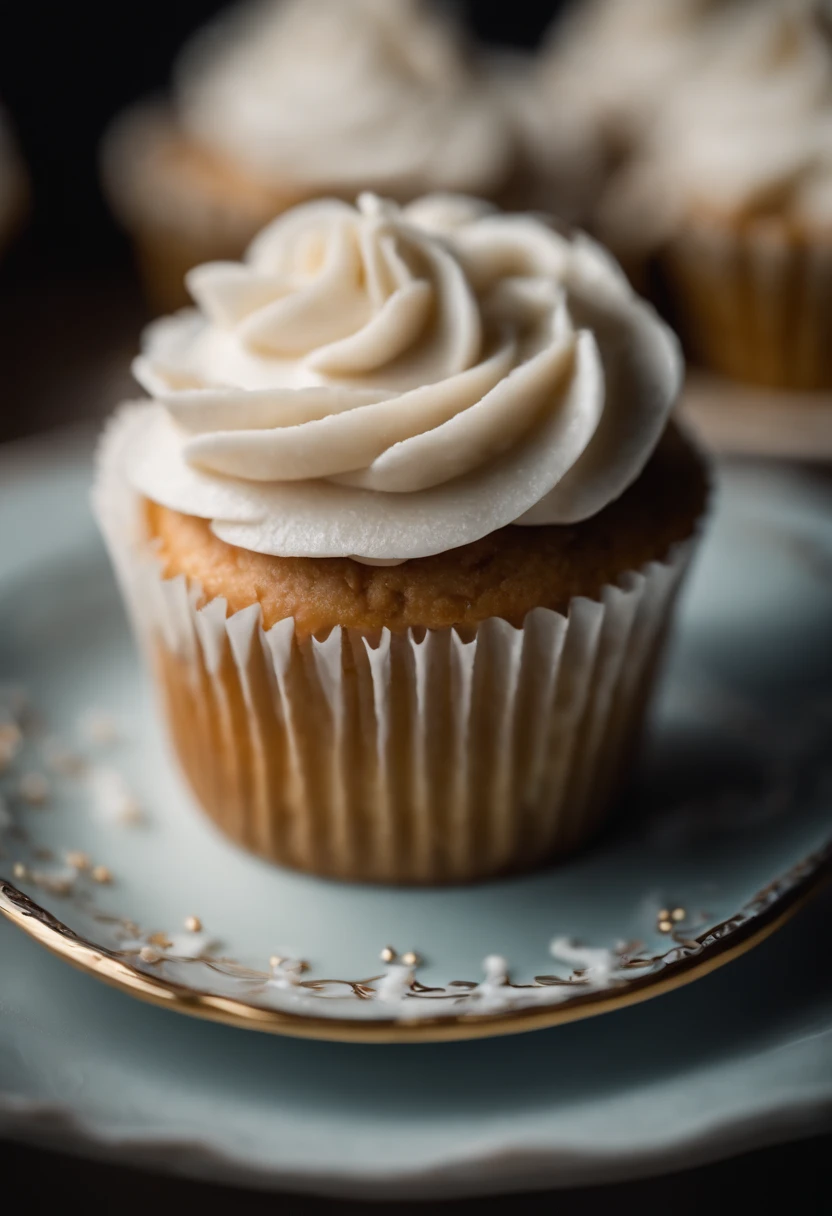 a detail shot of a perfectly frosted cupcake, showcasing the intricate piping work and decorative elements that make it a visually appealing and sweet snack