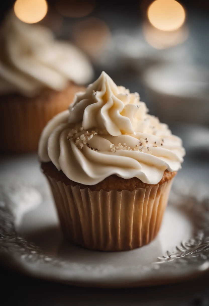 a detail shot of a perfectly frosted cupcake, showcasing the intricate piping work and decorative elements that make it a visually appealing and sweet snack