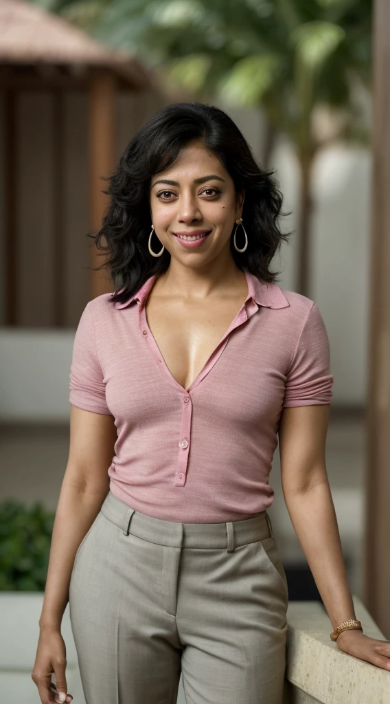smiling woman with short messy black hair and earrings wearing a pink shirt and pants, this person does not exist, brown skin, petite body, diminutive, mixed-race woman, indian, puerto rican, african american, cambodian, stephanie beatriz-aaliyah-yuliya-sonoya mizuno-rakul preet singh-nicole scherzinger-sophie marceau-charithra chandran-selenis leyva-luciana carro-aubrey plaza-madhuri dixit merged, entire body visible, full body, hyperrealistic, best quality, 8K, real human skin, masterpiece, extremely intricate, medium closeup, detailed eyes, detailed face, detailed body, exaggerated features, pronounced features