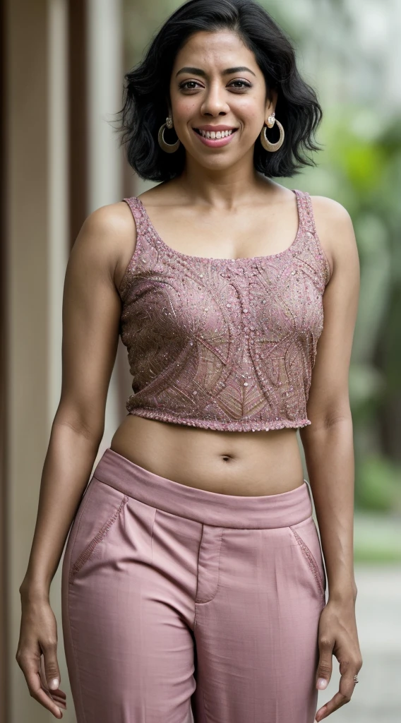 smiling woman with short messy black hair and earrings wearing a pink shirt and pants, this person does not exist, brown skin, petite body, diminutive, mixed-race woman, indian, puerto rican, african american, cambodian, stephanie beatriz-aaliyah-yuliya-sonoya mizuno-rakul preet singh-nicole scherzinger-sophie marceau-charithra chandran-selenis leyva-luciana carro-aubrey plaza-madhuri dixit merged, entire body visible, full body, hyperrealistic, best quality, 8K, real human skin, masterpiece, extremely intricate, medium closeup, detailed eyes, detailed face, detailed body, exaggerated features, pronounced features