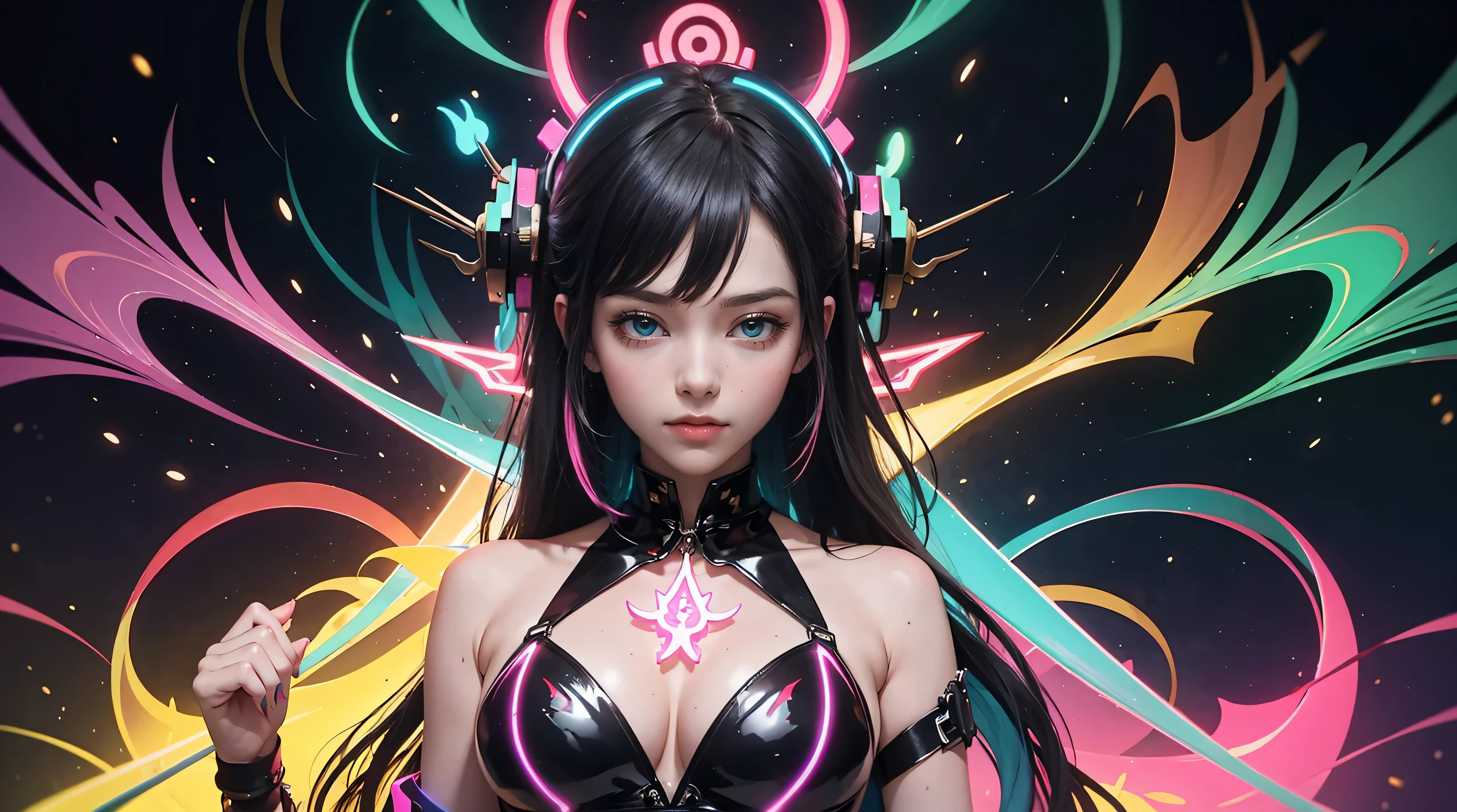 (masutepiece, of the highest quality, Best Quality, offcial art, Beautiful and aesthetic:1.2), (1girll:1.3), Extremely detailed,(Fractal Art:1.2),Colorful,highest details,( Zen Neon:1.2), (Dynamic Pose), (Abstract background neon lights:1.5), (Trident Dresses:1.2), (Shiny skin), (Many colors:1.4), Upper body ,Neon light,16 K,Full-HD , ((Breasts are big))