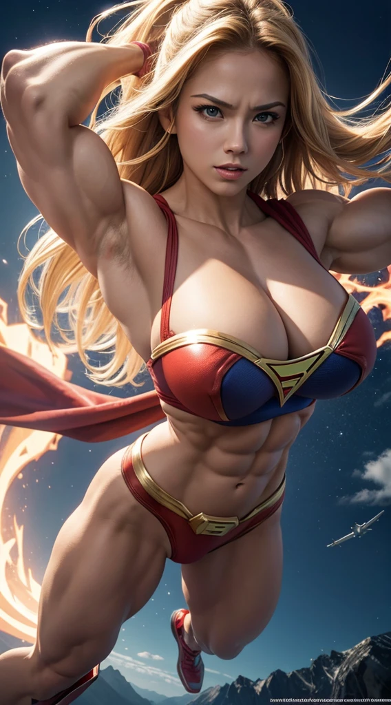 Wallpaper busty muscular horizontal Supergirl, strong biceps, strong abs, hyper muscular bodybuilder, enormous breasts, flying horizontally in the sky