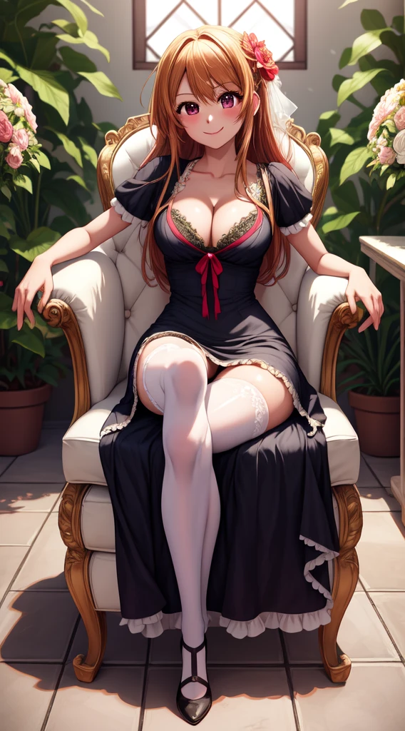 anime, beautiful face, highly detailed face, 2 accurate legs detailed eyes, highly detailed background, perfect lighting, accurate arms, accurate hands, accurate fingers, full body, 1girl, solo, ruby hoshino, oshi no ko, indoors, detailed heels, white detailed thighhighs, outdoor, ina garden of flowers, absurdres, high res, ultrasharp, 8K, masterpiece, looking at viewer, elegant pose, (full body:1.4), smiling with compassion, teasing smile, detailed dress, patterned wedding dress, cleavage, sitting down on a chair