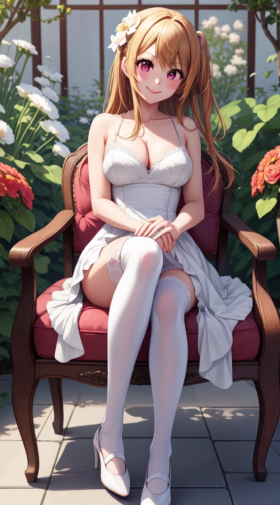 anime, beautiful face, highly detailed face, 2 accurate legs detailed eyes, highly detailed background, perfect lighting, accurate arms, accurate hands, accurate fingers, full body, 1girl, solo, ruby hoshino, oshi no ko, indoors, detailed heels, white detailed thighhighs, outdoor, ina garden of flowers, absurdres, high res, ultrasharp, 8K, masterpiece, looking at viewer, elegant pose, (full body:1.4), smiling with compassion, teasing smile, detailed dress, patterned wedding dress, cleavage, sitting down on a chair
