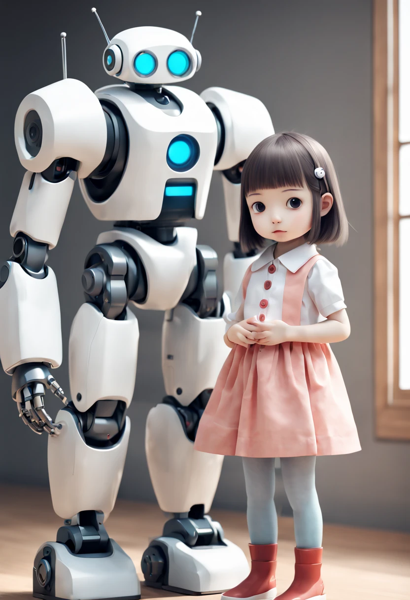 a cute robot and a girl, by Yoshitomo Nara, enhance, intricate, (best quality, masterpiece, Representative work, official art, Professional, unity 8k wallpaper:1.3)