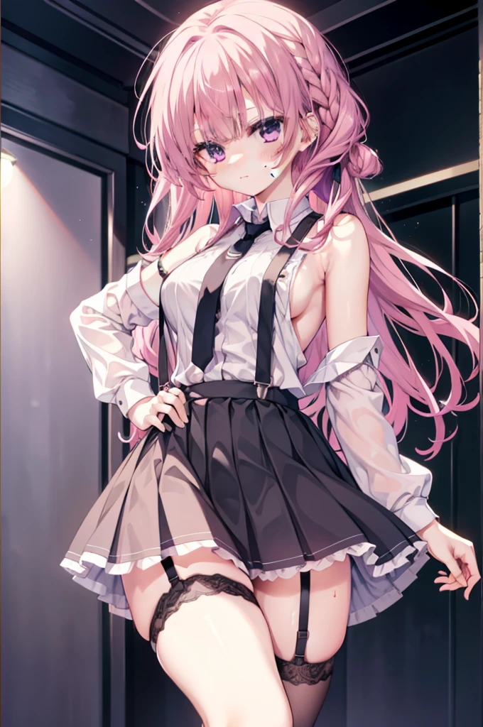 black short skirt，Suspenders，suspenders ，Garter belt on the legs,Expose the armpits，Sweating in the armpits,firm appearance,Mitsukasa Ayase