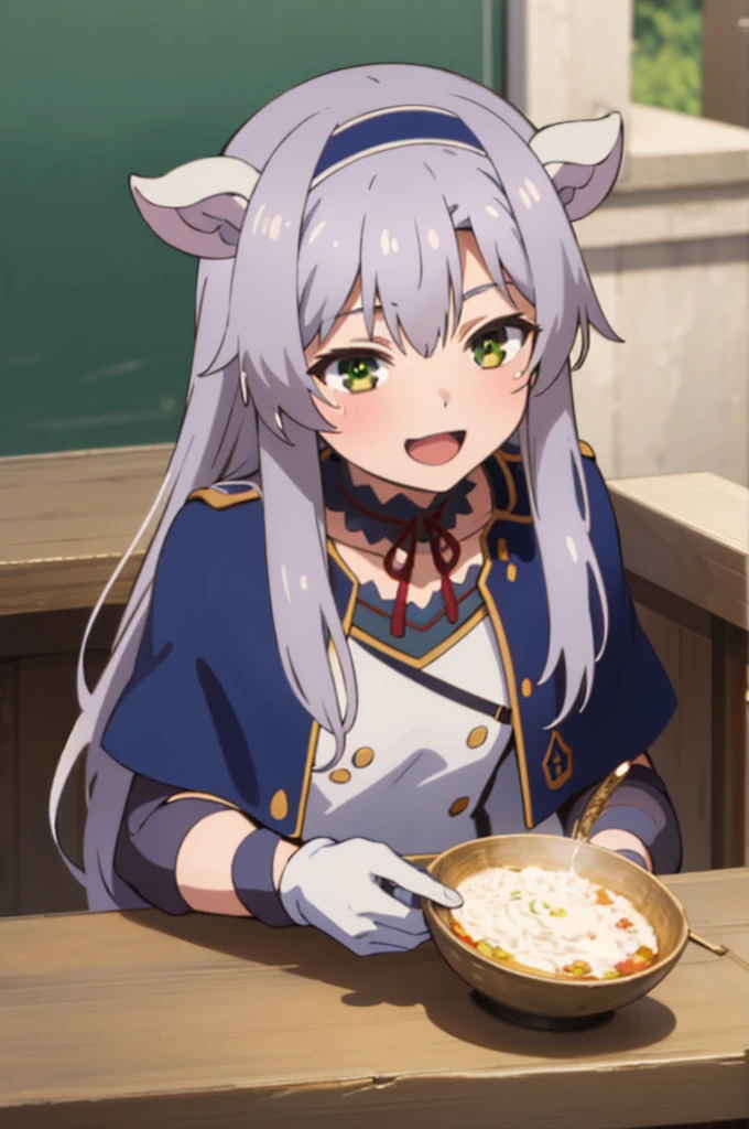 best quality, (masterpiece:1.2), detailed, medieval,
Sistine Fibel,
1girl, solo, smile, open mouth,
long hair, grey hair, green eyes, blue hairband, animal ears, portrait, half-closed eyes,
school uniform, blue capelet, white shirt, blue choker, red ribbon, gloves,
sitting, holding tea, looking at the viewer,
outdoors, castle