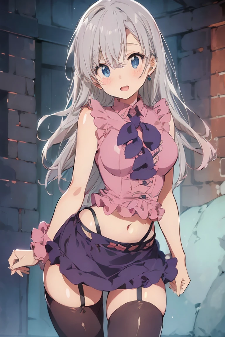 silver hair, (((pink ruffled sleeveless blouse with blue bow))), ((black short skirt with belt)), ((thigh-high black stocking on right leg)), blue eyes, navel, ((cute innocent face, open mouth, allure)), [[playful]]], [[[bedroom]]], front-view, [[Leaning forwards]], head down, butt up, arched back, (gravure), (sexy), arousing, realistic, ((perfect symmetrical body)), (slim hip), soft light, dawn light)), bloom, 1girl, super model body, very slim body, thin, super model body, ultra-detailed CG, 8k, high detailed, realistic, solo, intricate details),