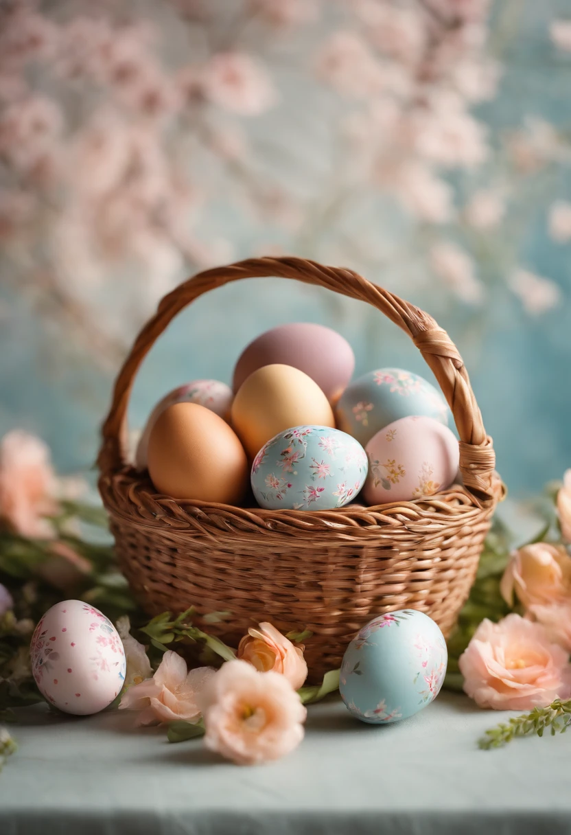 a still life shot of a wicker basket filled with hand-painted Easter eggs, with hot wax patterns adorning each egg, against a backdrop of pastel-colored spring flowers, creating a harmonious and festive scene