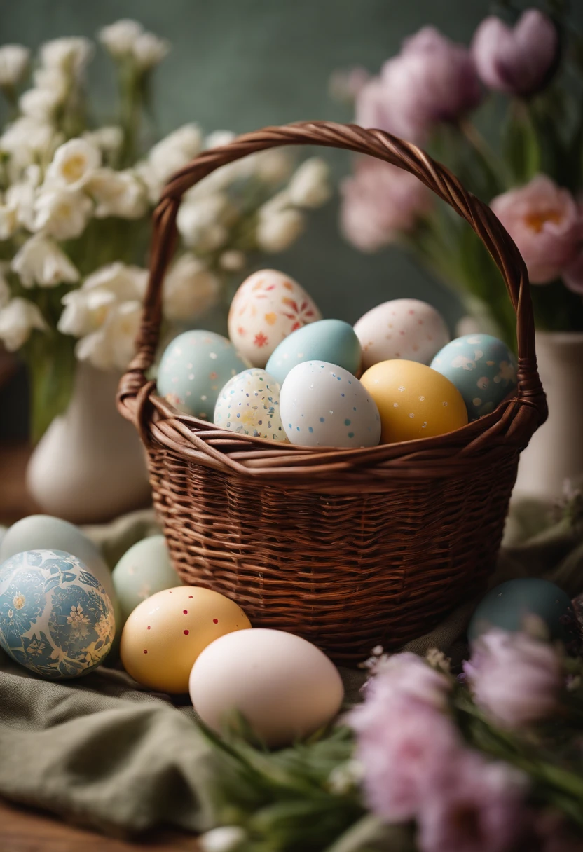 a still life shot of a wicker basket filled with hand-painted Easter eggs, with hot wax patterns adorning each egg, against a backdrop of pastel-colored spring flowers, creating a harmonious and festive scene