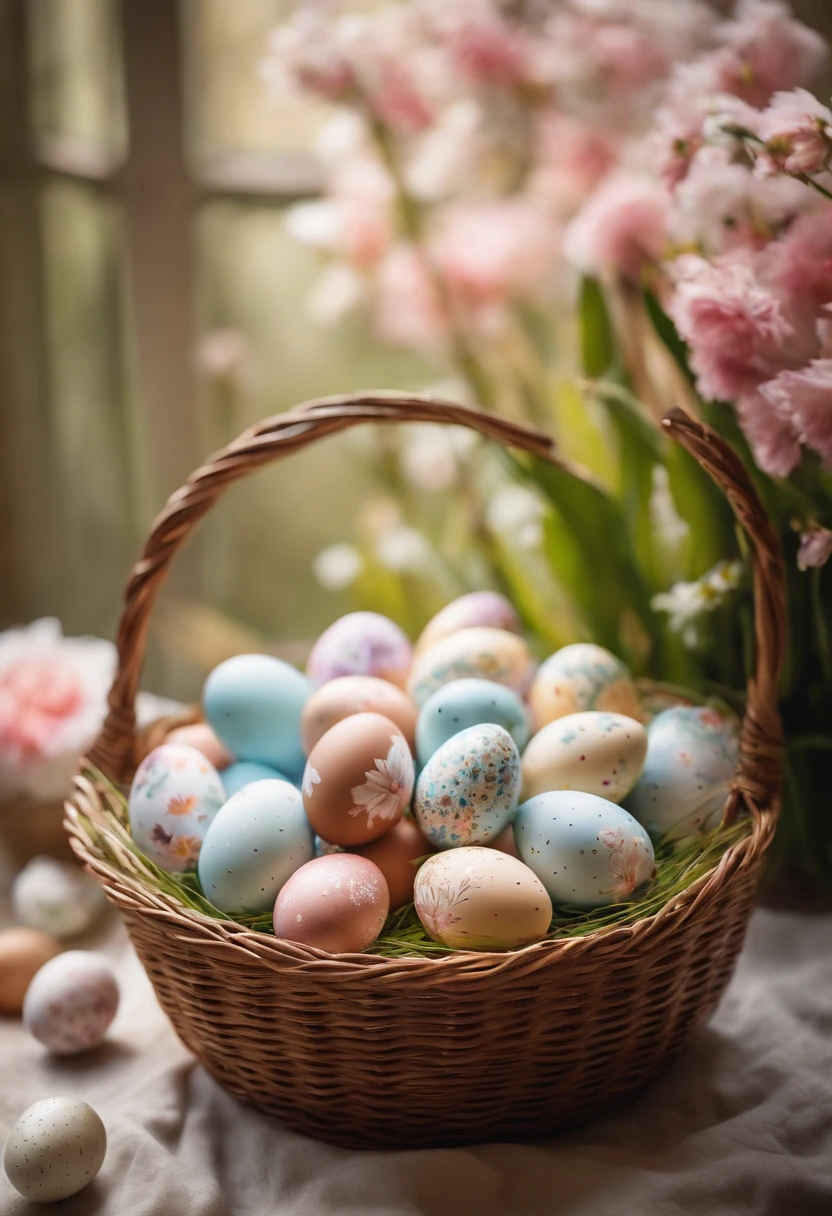 a still life shot of a wicker basket filled with hand-painted Easter eggs, with hot wax patterns adorning each egg, against a backdrop of pastel-colored spring flowers, creating a harmonious and festive scene