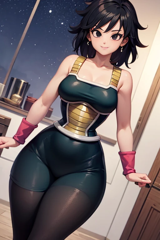 masterpiece, best quality, cowboy shot, 1girl, solo, saiyan armor, armor, black skirt, dress, wristband, black pantyhose, leggings, boots, bedroom background, indoors, nighttime, smile, happy, medium breasts, wide hips, curvy, thin waist, looking at viewer, bare shoulders, Gine, spiky hair, medium hair, black hair, anime screencap