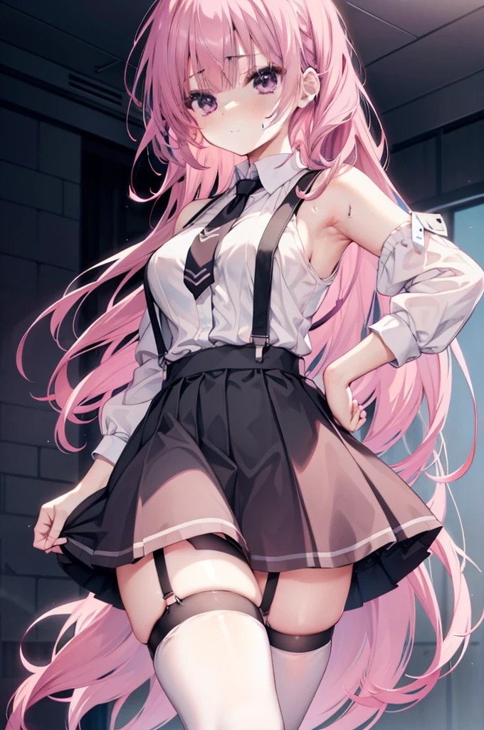 black short skirt，Suspenders，A pink-haired，is shy，Be red in the face，suspenders ，Garter belt on the legs,Expose the armpits，Sweating in the armpits,firm appearance,Mitsukasa Ayase