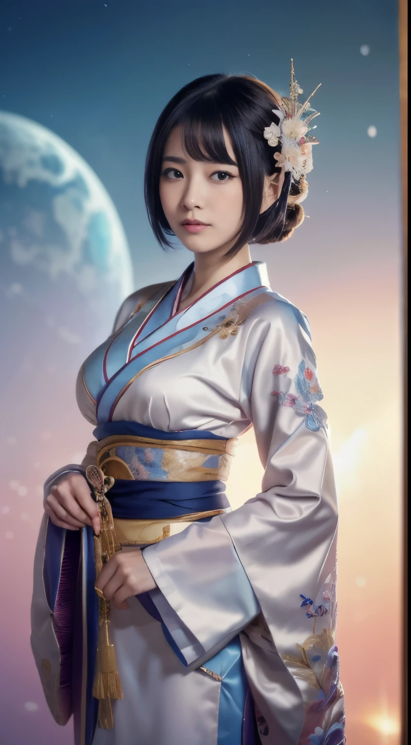 Detailed background, Cyberworld, Space Fantasy, elaborate costume{Luxury kimono(pale and coloured kimono(detailed embroidery,))}、(Japanese Idol(actress):1.2)(face perfect:1.2),Expressing a beautiful and elegant woman, Hairstyle Short Bob, Blur the background,((masutepiece)), ((Best Quality)),{{a portrait photo of}},full body Esbian、Faraway view,Like a corporate logo, Breast size is F cup, Dynamic angles, Angles from the air, Angle from below, 5 fingers