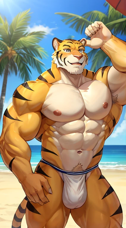 masculine, Anthropological tiger,bodybuilder,Big muscles,naked,Yellow feathers,White eyes,โชว์อวัยวะmasculineขนาดใหญ่,beach,Post sexy poses,tempt
