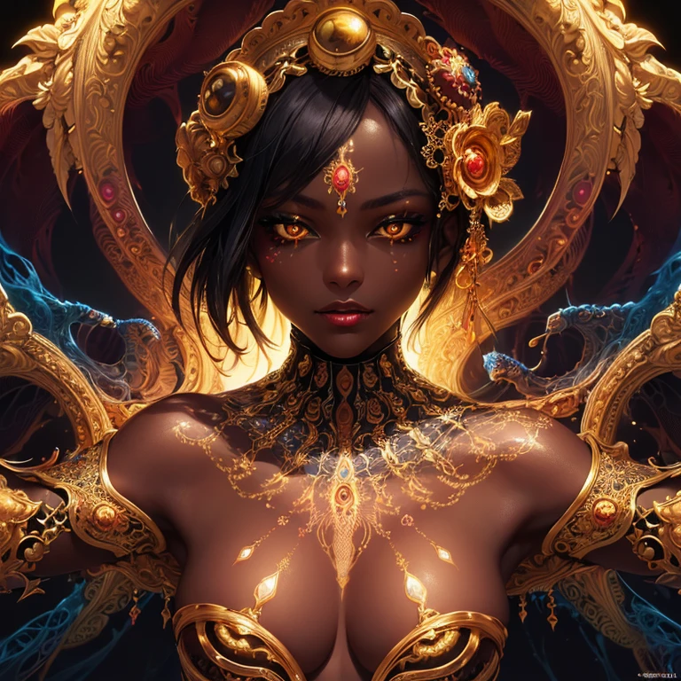(masterpiece, top quality, best quality, official art, beautiful and aesthetic:1.2), (1girl:1.3), extreme detailed,(fractal art:1.3),colorful,highest detailed, (very dark skin), (golden lips, black eyes), (light painting :1.3), (auto-destructive art :1.3)