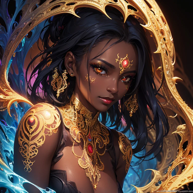 (masterpiece, top quality, best quality, official art, beautiful and aesthetic:1.2), (1girl:1.3), extreme detailed,(fractal art:1.3),colorful,highest detailed, (very dark skin), (golden lips, black eyes), (light painting :1.3), (auto-destructive art :1.3)