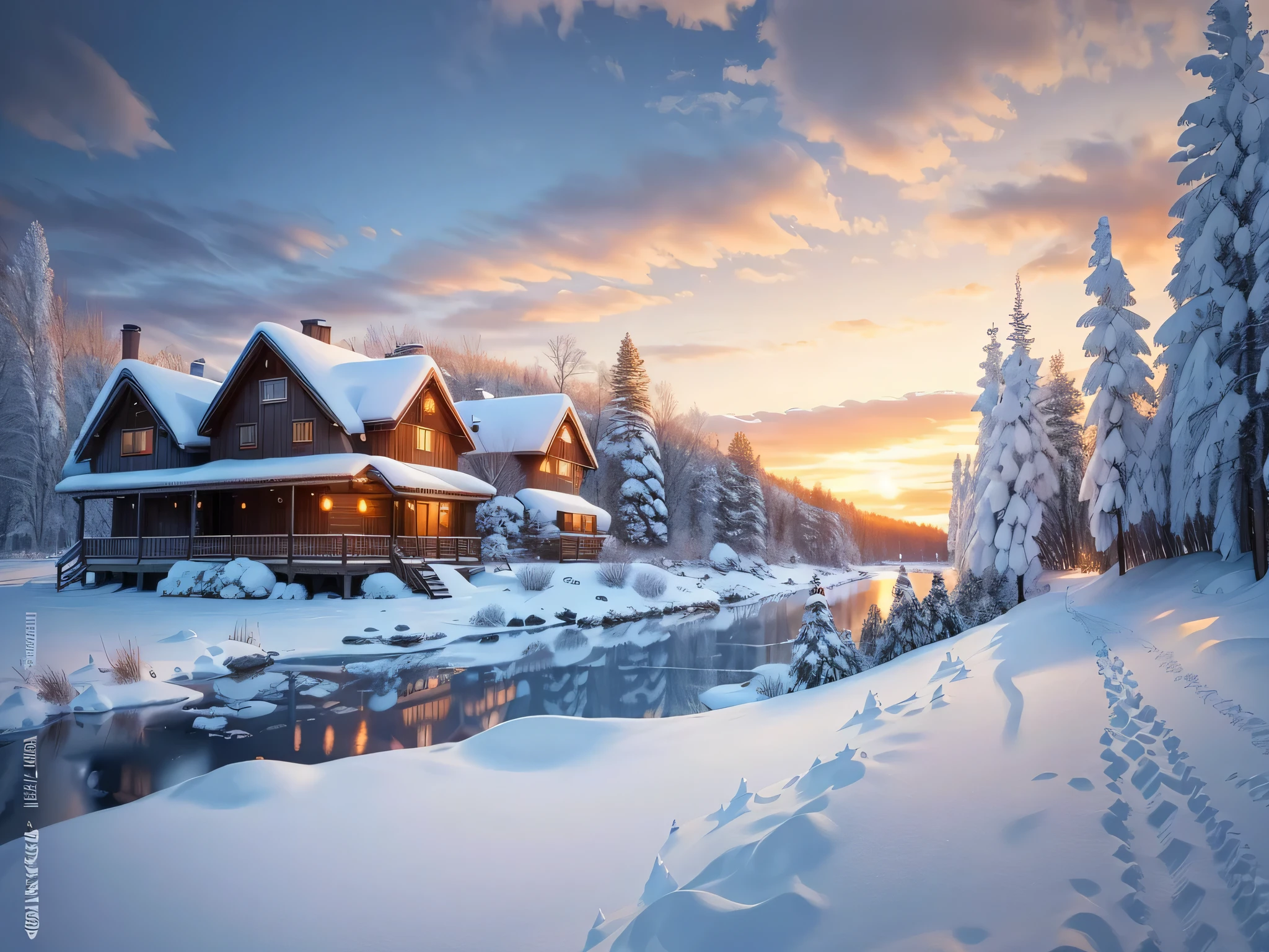 a view of a cabin in the snow with a sunset in the background, beautiful snowy landscape, winter setting, mystic winter landscape, beautiful winter area, outside winter landscape, winter landscape, winter landscape outside, winter, winter time, winter scene, snow, snowy winter scene, winter scene fantasy, winter lake setting, sunny winter day, snowy landscape, shutterstock
