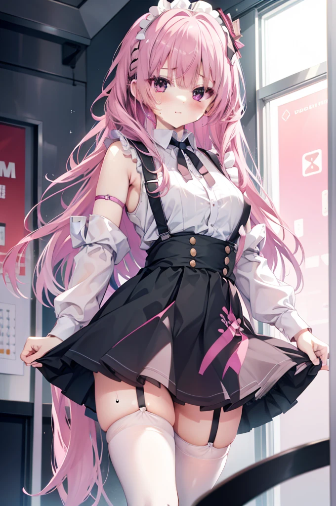 one-girl，soio，the maid outfit，black short skirt，Suspenders，A pink-haired，is shy，Be red in the face，suspenders ，Garter belt on the legs,Expose the armpits，Sweating in the armpits,firm appearance,Mitsukasa Ayase