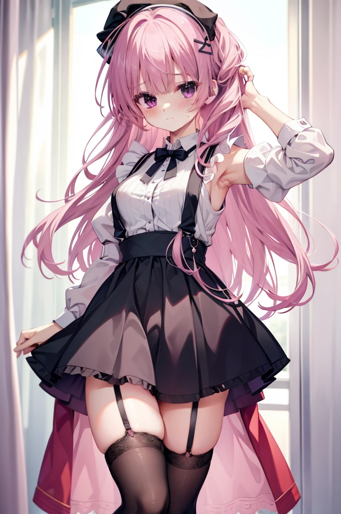 one-girl，soio，the maid outfit，black short skirt，Suspenders，A pink-haired，is shy，Be red in the face，suspenders ，Garter belt on the legs,Expose the armpits，Sweating in the armpits,firm appearance,Mitsukasa Ayase