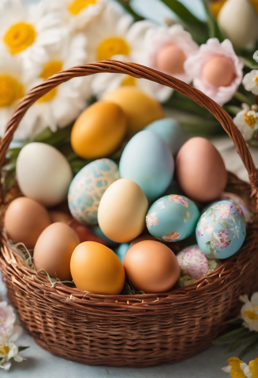 a still life shot of a wicker basket filled with hand-painted Easter eggs, with hot wax patterns adorning each egg, against a backdrop of pastel-colored spring flowers, creating a harmonious and festive scene