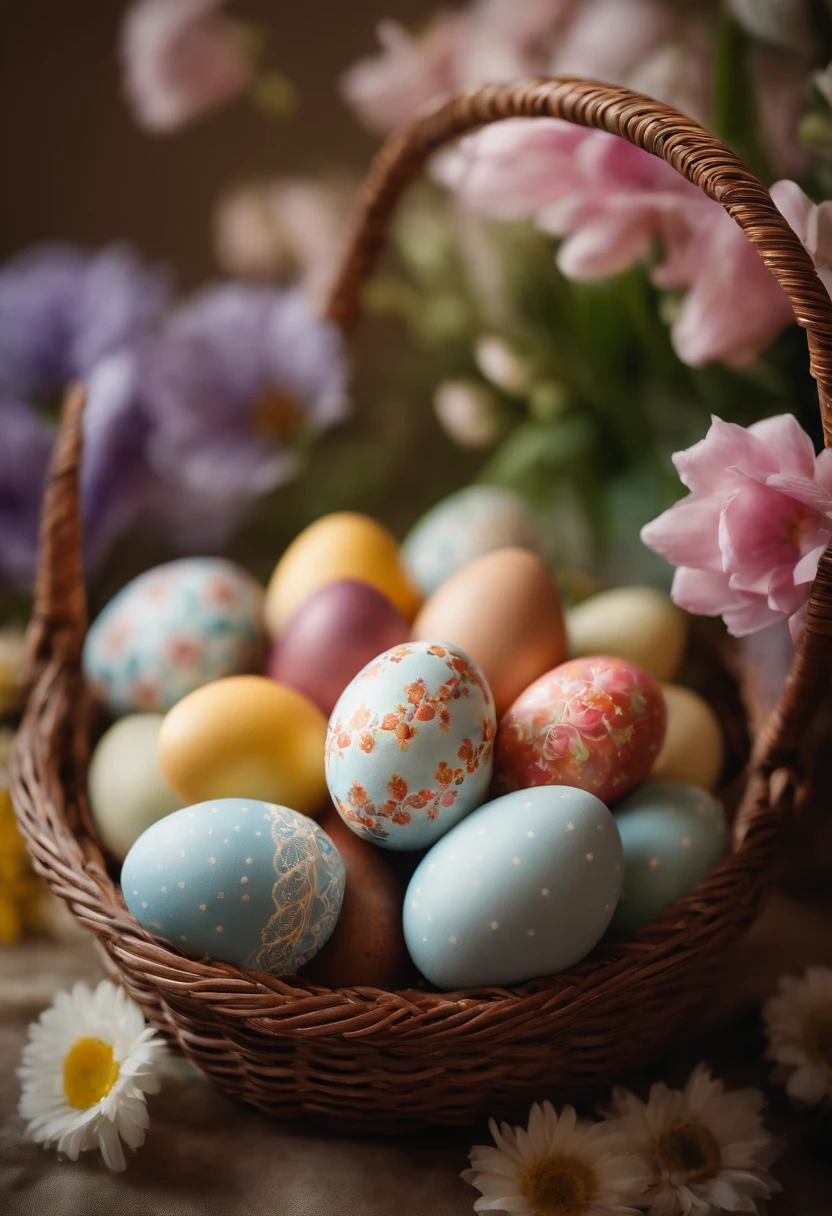 a still life shot of a wicker basket filled with hand-painted Easter eggs, with hot wax patterns adorning each egg, against a backdrop of pastel-colored spring flowers, creating a harmonious and festive scene