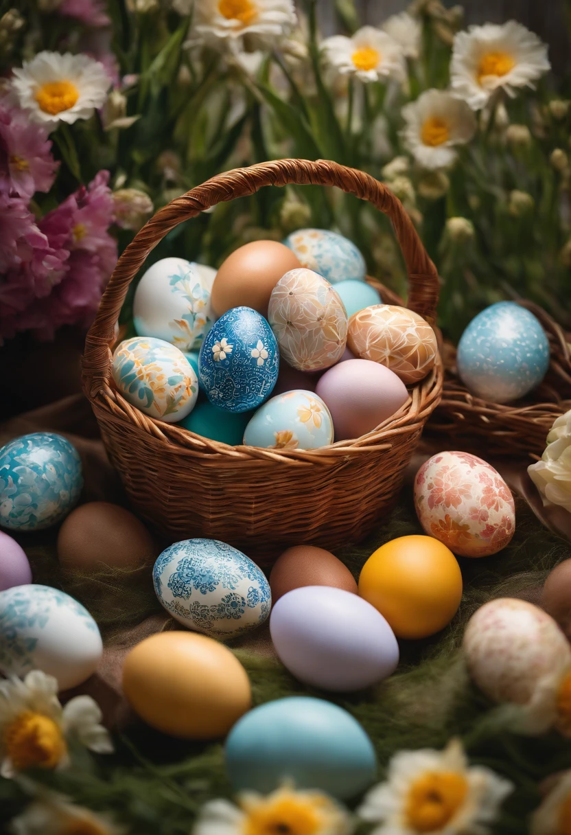 a still life shot of a wicker basket filled with hand-painted Easter eggs, with hot wax patterns adorning each egg, against a backdrop of pastel-colored spring flowers, creating a harmonious and festive scene