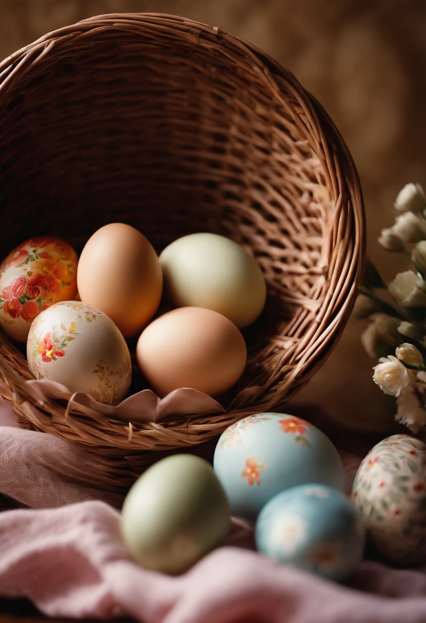 a still life shot of a wicker basket filled with hand-painted Easter eggs, with hot wax patterns adorning each egg, against a backdrop of pastel-colored spring flowers, creating a harmonious and festive scene