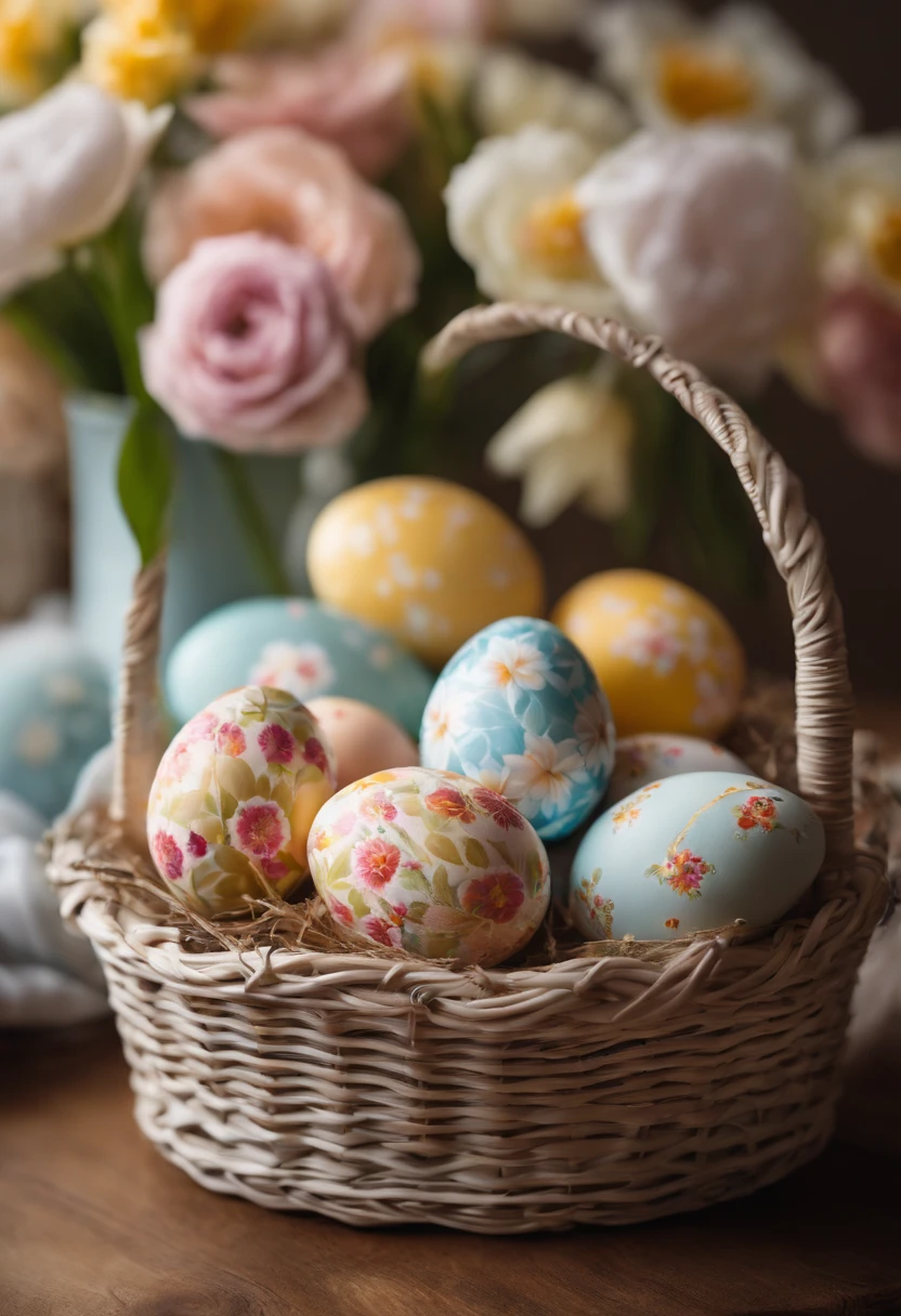 a still life shot of a wicker basket filled with hand-painted Easter eggs, with hot wax patterns adorning each egg, against a backdrop of pastel-colored spring flowers, creating a harmonious and festive scene