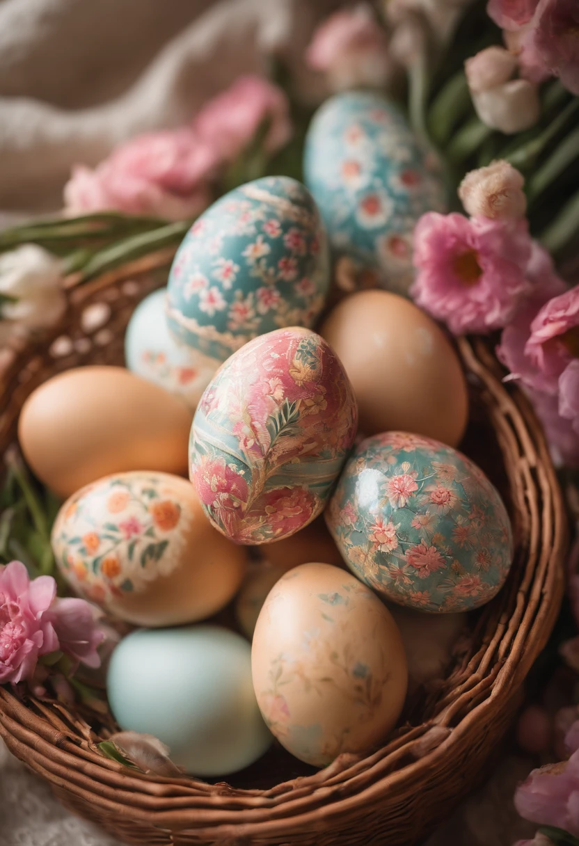 a still life shot of a wicker basket filled with hand-painted Easter eggs, with hot wax patterns adorning each egg, against a backdrop of pastel-colored spring flowers, creating a harmonious and festive scene
