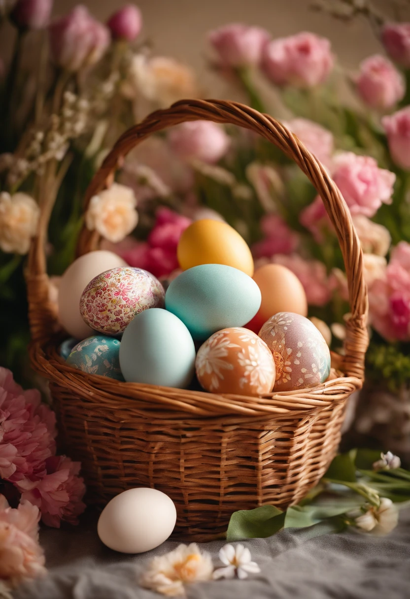 a still life shot of a wicker basket filled with hand-painted Easter eggs, with hot wax patterns adorning each egg, against a backdrop of pastel-colored spring flowers, creating a harmonious and festive scene