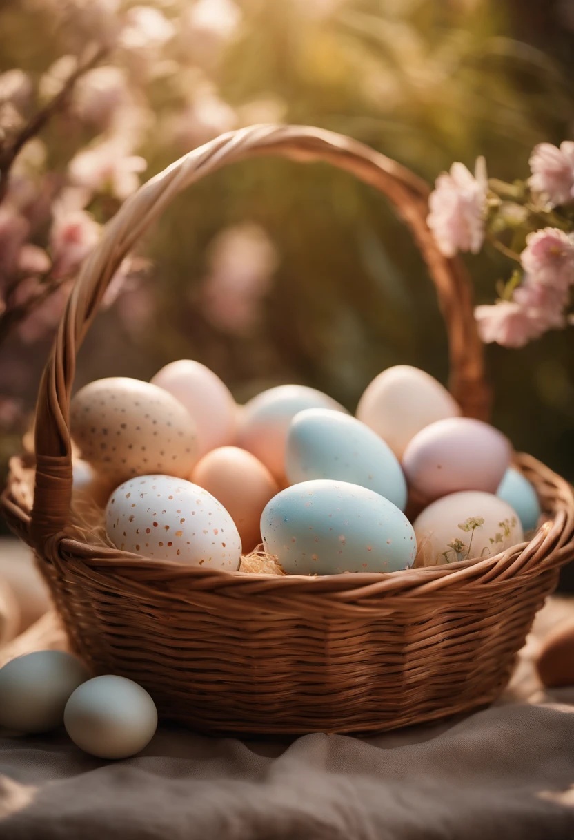 a still life shot of a wicker basket filled with hand-painted Easter eggs, with hot wax patterns adorning each egg, against a backdrop of pastel-colored spring flowers, creating a harmonious and festive scene