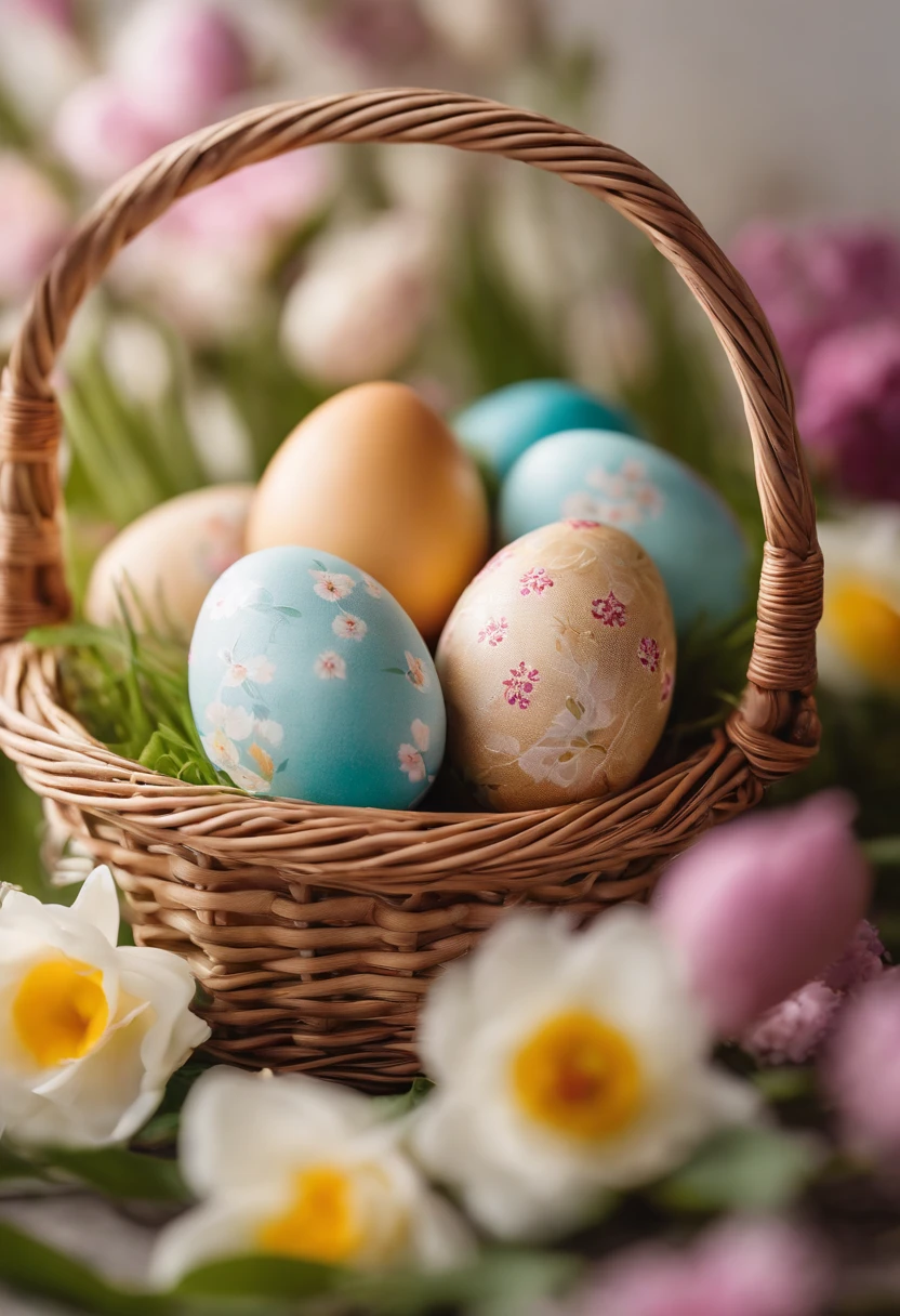 a still life shot of a wicker basket filled with hand-painted Easter eggs, with hot wax patterns adorning each egg, against a backdrop of pastel-colored spring flowers, creating a harmonious and festive scene