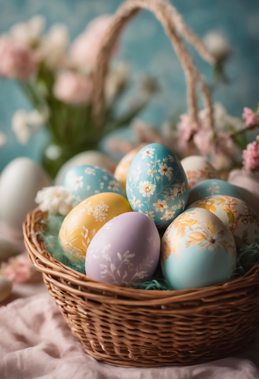 a still life shot of a wicker basket filled with hand-painted Easter eggs, with hot wax patterns adorning each egg, against a backdrop of pastel-colored spring flowers, creating a harmonious and festive scene