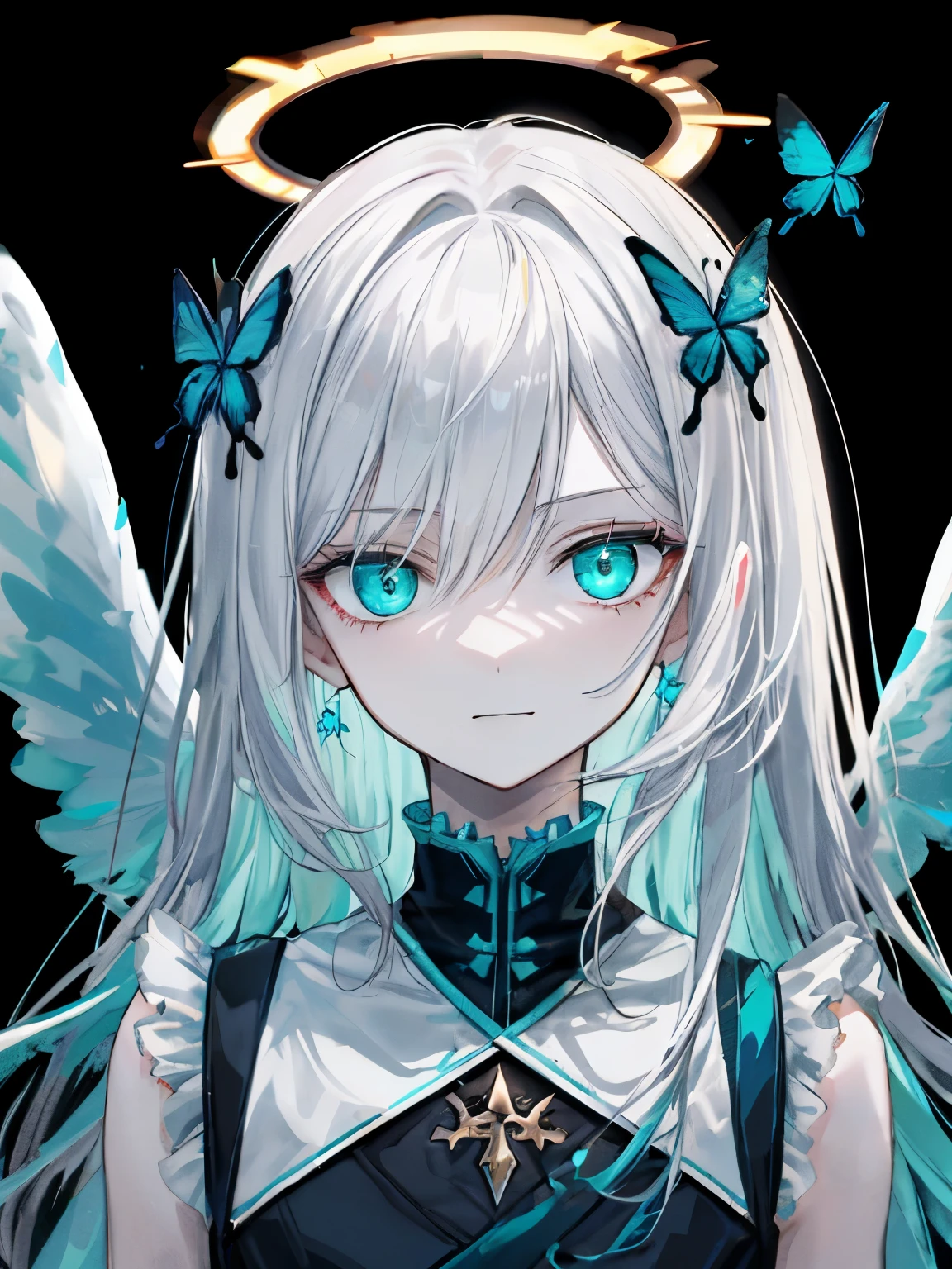 Best Quality、masutepiece、Ultra-detailed、face perfect、Extremely detailed、Extremely delicate、1 boy, (Scary), Angel, blanche髪、Long hair、Gorgeolanche&#39;The halo),(blanche光輪) Dark, Glowing eyes, Light green eyes, Angel wings,  holy, , blancheのチュニック, 2対のblanche angel wings, which are full of confidence,  Keep your mouth shut、Expressive eyes, collofull eyes, Contrasty, shadowy, masutepiece, Digital Art, Glowing eyes, Intimidating, corrupted, Demonic, Abstract background, blanche, black and teal、両手にblancheく輝く星を浮かばせる、fear、A light blue butterfly dances