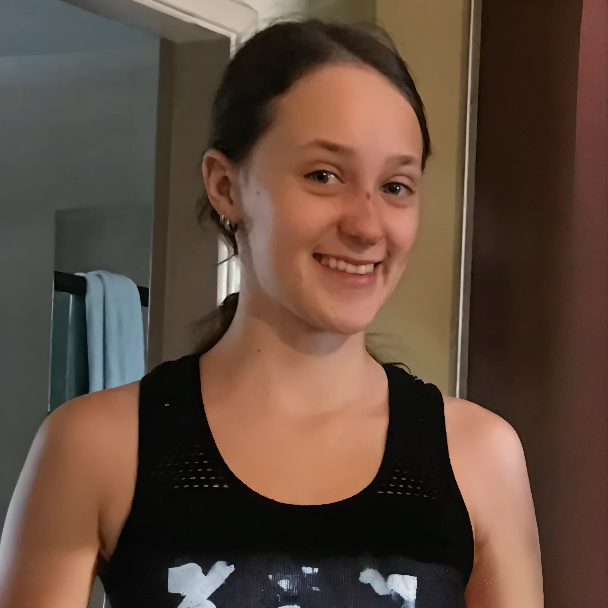 12 year old girl with medium length brown hair, children's pigtails hair, Caucasian facial structure, she in a short tight red dress, bare shoulders, she in an apartment,