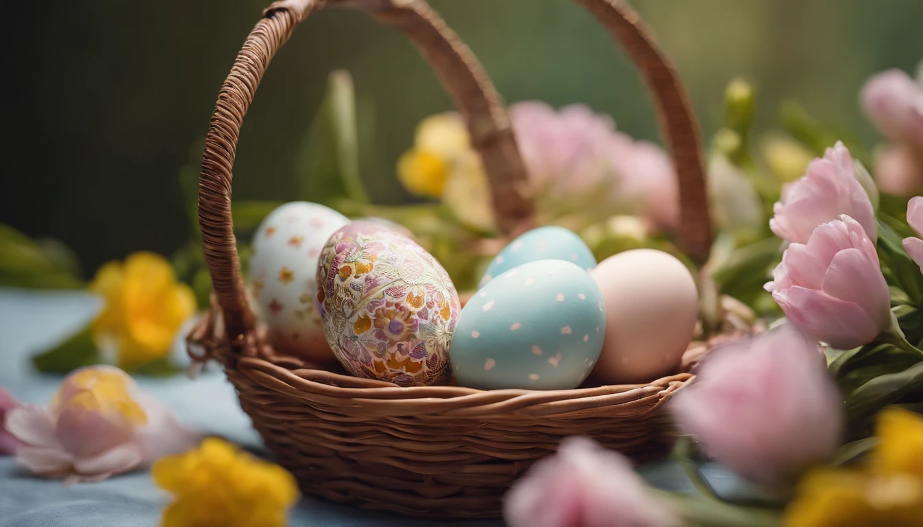 a still life shot of a wicker basket filled with hand-painted Easter eggs, with hot wax patterns adorning each egg, against a backdrop of pastel-colored spring flowers, creating a harmonious and festive scene