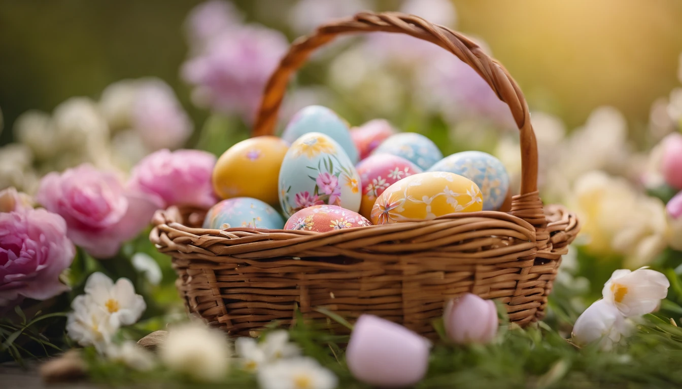 a still life shot of a wicker basket filled with hand-painted Easter eggs, with hot wax patterns adorning each egg, against a backdrop of pastel-colored spring flowers, creating a harmonious and festive scene