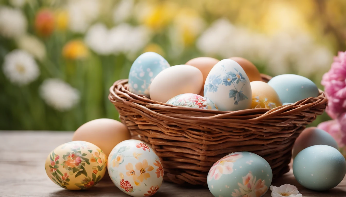 a still life shot of a wicker basket filled with hand-painted Easter eggs, with hot wax patterns adorning each egg, against a backdrop of pastel-colored spring flowers, creating a harmonious and festive scene