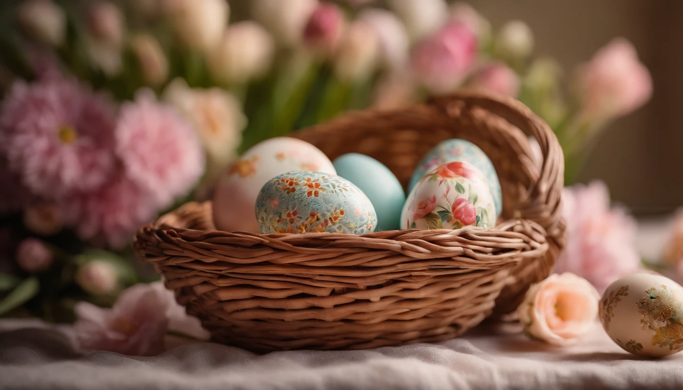 a still life shot of a wicker basket filled with hand-painted Easter eggs, with hot wax patterns adorning each egg, against a backdrop of pastel-colored spring flowers, creating a harmonious and festive scene