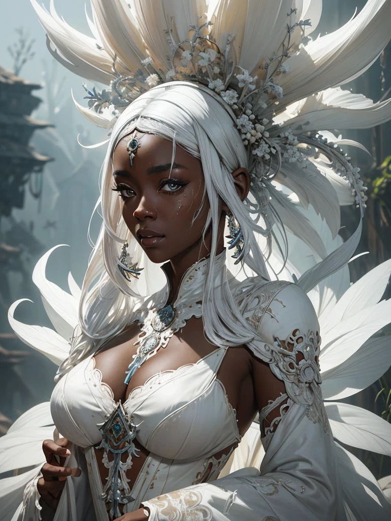 Insanely detailed cinematic photography of a beautiful black woman in white costume, white hair, intricate and hyperdetailed painting by Ismail Inceoglu Huang Guangjian and Dan Witz CGSociety ZBrush Central fantasy art album cover art 4K 64 megapixels 8K resolution HDR